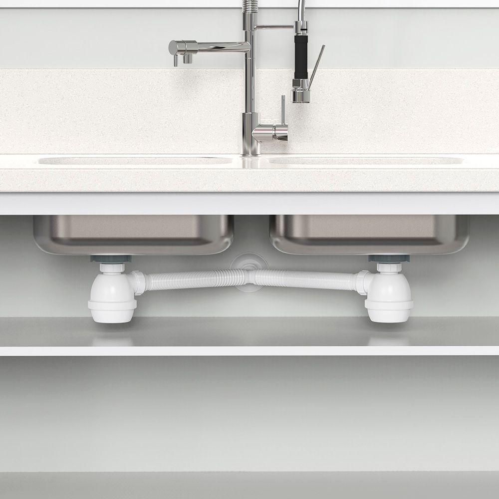 Sifão Duplo Sanfonado Extensível Blukit Com Copo Branco Universal 031307 - 2