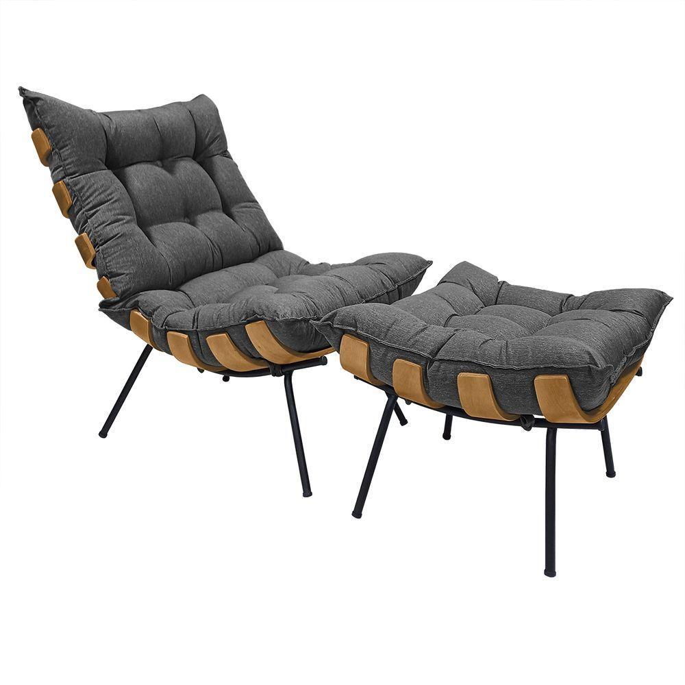 Poltrona Costela Com Puff Em Linho Ou Veludo - élpis Móveis Linho Grafite - 1