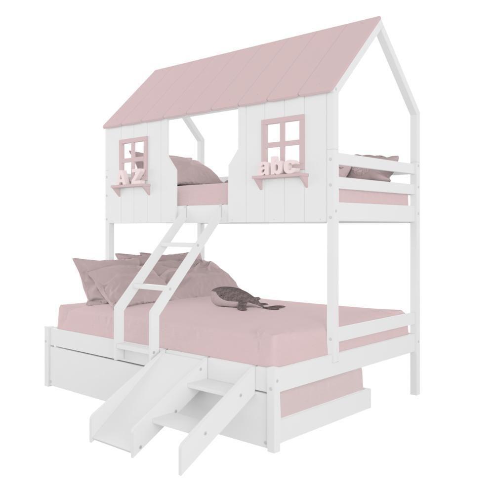 Treliche Casal/ Solteiro Casinha Encantada Com Kit Escada/ Escorregador Madeira Maciça Branco/ Rosa Megamobilia - 2