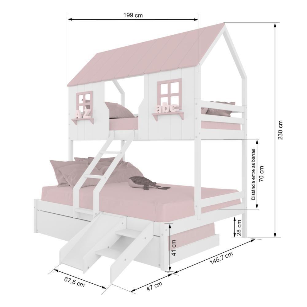 Treliche Casal/ Solteiro Casinha Encantada Com Kit Escada/ Escorregador Madeira Maciça Branco/ Rosa Megamobilia - 3