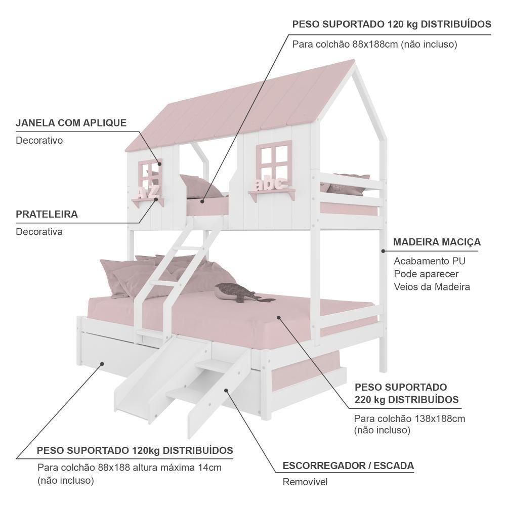 Treliche Casal/ Solteiro Casinha Encantada Com Kit Escada/ Escorregador Madeira Maciça Branco/ Rosa Megamobilia - 4