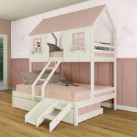 Treliche Casal/ Solteiro Casinha Encantada Com Kit Escada/ Escorregador Madeira Maciça Branco/ Rosa Megamobilia - 1