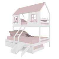 Treliche Casal/ Solteiro Casinha Encantada Com Kit Escada/ Escorregador Madeira Maciça Branco/ Rosa Megamobilia - 2