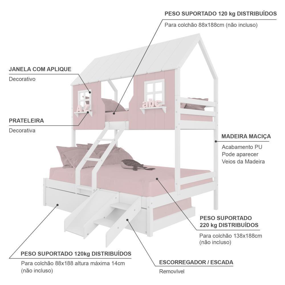 Treliche Casal/ Solteiro Casinha Encantada Com Kit Escada/ Escorregador Madeira Maciça Rosa/ Branco Megamobilia - 3