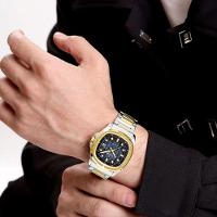 Relógio Pulseira De Aço Inoxidável Luminoso á Prova D´agua Azul Dourado