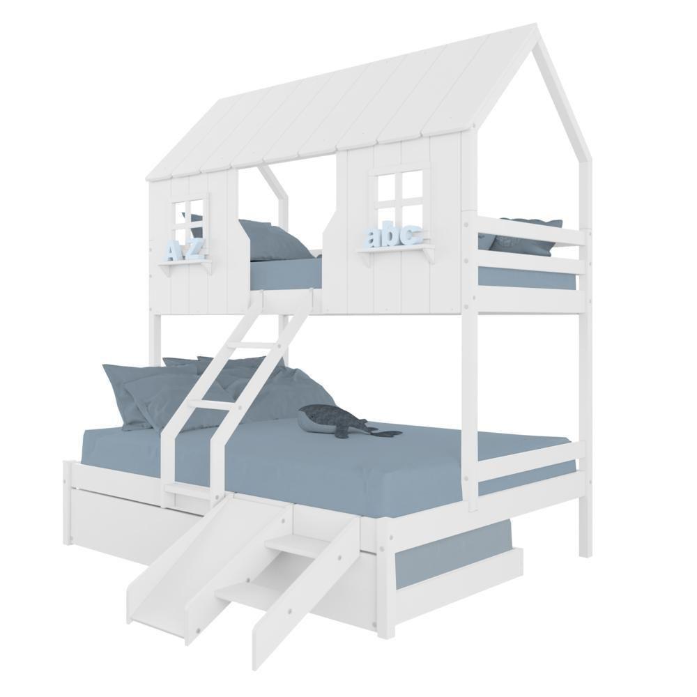 Treliche Casal/ Solteiro Casinha Encantada Com Kit Escada/ Escorregador Madeira Maciça Branco Megamobilia - 2