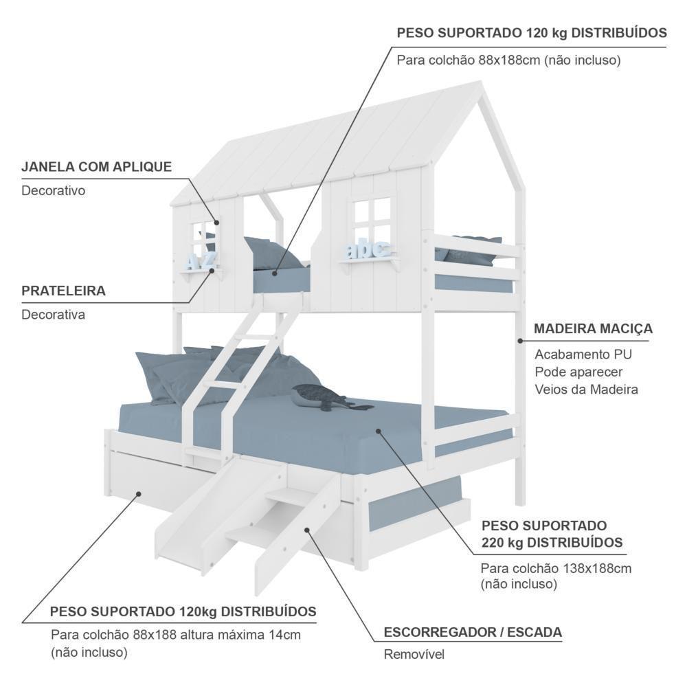 Treliche Casal/ Solteiro Casinha Encantada Com Kit Escada/ Escorregador Madeira Maciça Branco Megamobilia - 4