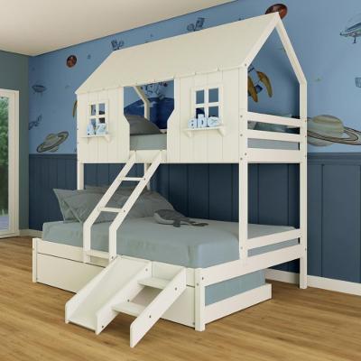 Treliche Casal/ Solteiro Casinha Encantada Com Kit Escada/ Escorregador Madeira Maciça Branco Megamobilia