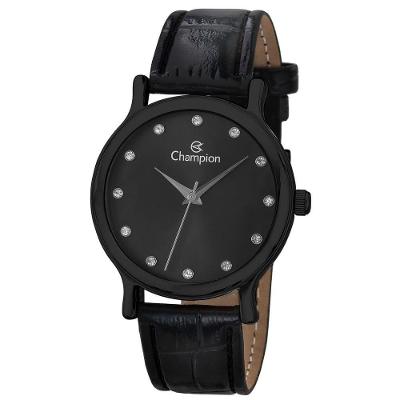 Relógio Champion Feminino Preto Strass Couro Ch22733n