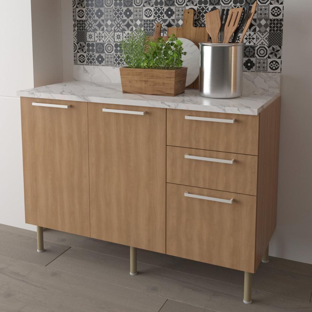 Balcão De Cozinha Com Tampo 2 Portas E 3 Gavetas 120cm Multimóveis Cr20457 Freijó Mármore Branco - 1