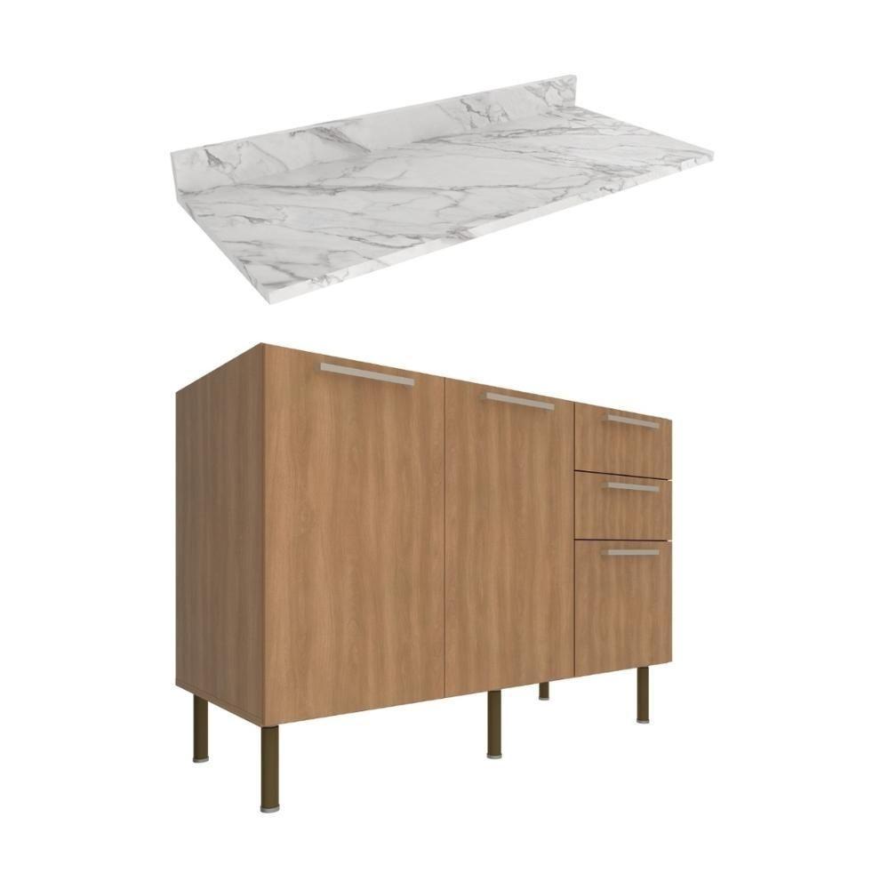 Balcão De Cozinha Com Tampo 2 Portas E 3 Gavetas 120cm Multimóveis Cr20457 Freijó Mármore Branco - 2