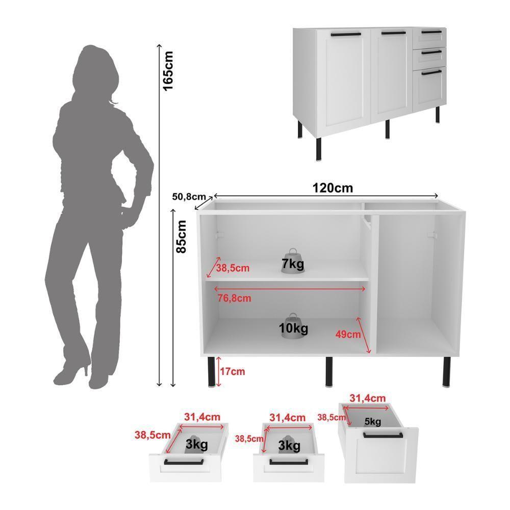 Balcão De Cozinha Gabinete Para Pia 120cm Mdf 2 Portas 3 Gavetas Multimóveis Cr20444 Branco - 3