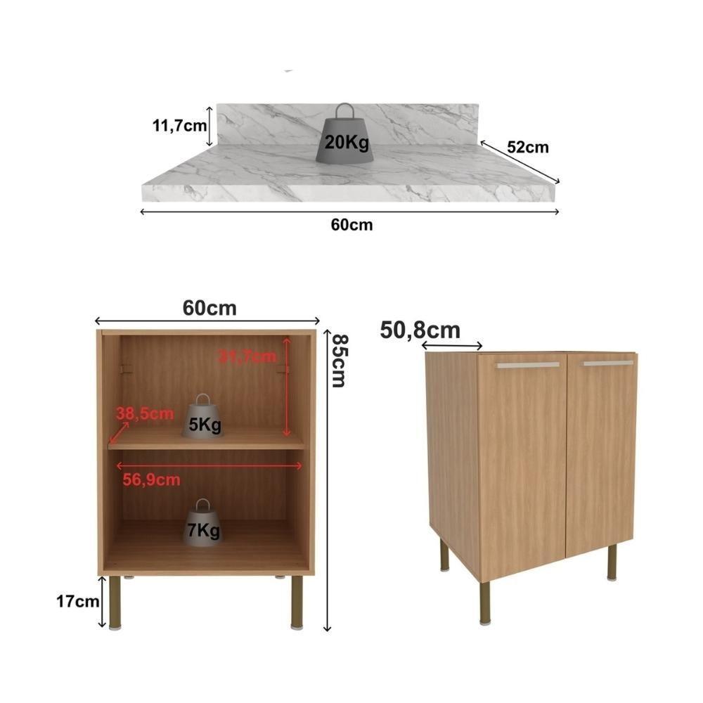 Balcão De Cozinha Com Tampo E 2 Portas 60cm Multimóveis Cr20461 Freijó Mármore Branco - 3