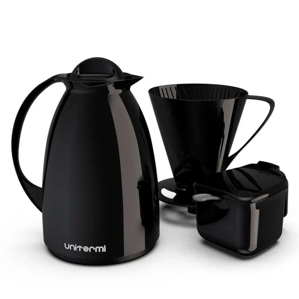 Kit Garrafa Termica Café Prático Com Açucareiro Com Colher E Suporte Para Filtro - Preto - 2