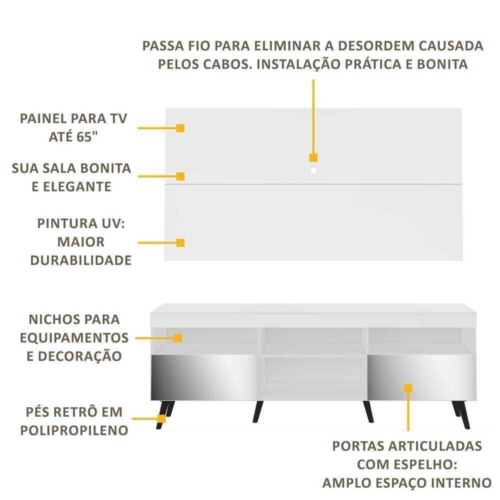Rack com Painel TV até 65" Espelho e Pés Retrô Multimóveis - 6