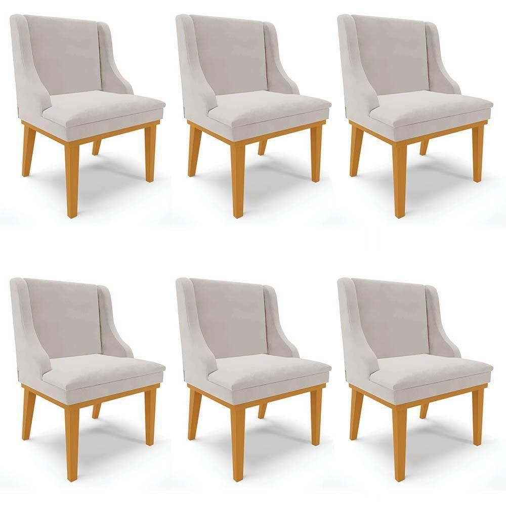 Kit 6 Cadeiras Estofadas Para Sala De Jantar Base Fixa De Madeira Castanho Lia Veludo Cinza - Ibiza - 1