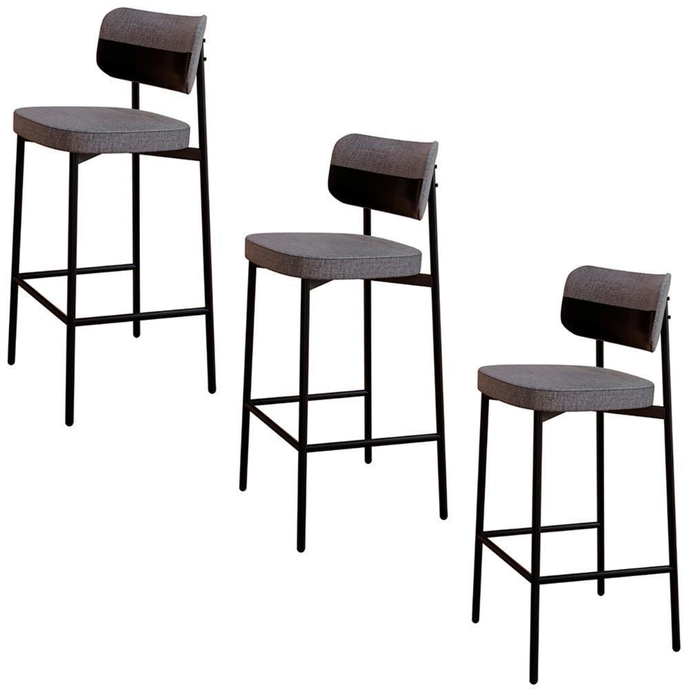Banqueta Alta Bar Estofada Kit 3 Ella M25 Linho Cinza-preto - Mpozenato - 1