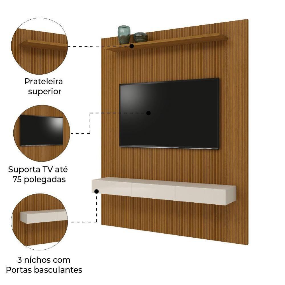 Painel Para Tv Até 75 Polegadas Ripado Impressão 3D Egeo Com Nicho 1,80M Cedo Off White Edn Cedro - 4