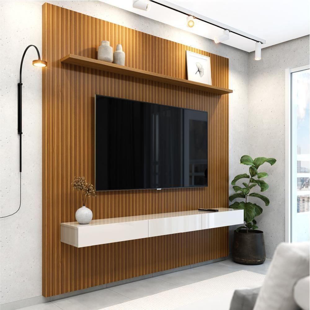 Painel Para Tv Até 75 Polegadas Ripado Impressão 3D Egeo Com Nicho 1,80M Cedo Off White Edn Cedro - 5