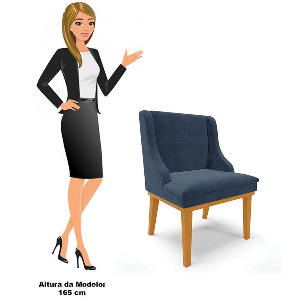 Kit 2 Cadeiras Estofadas Para Sala De Jantar Base Fixa De Madeira Castanho Lia Suede Azul Marinho - Ibiza - 5