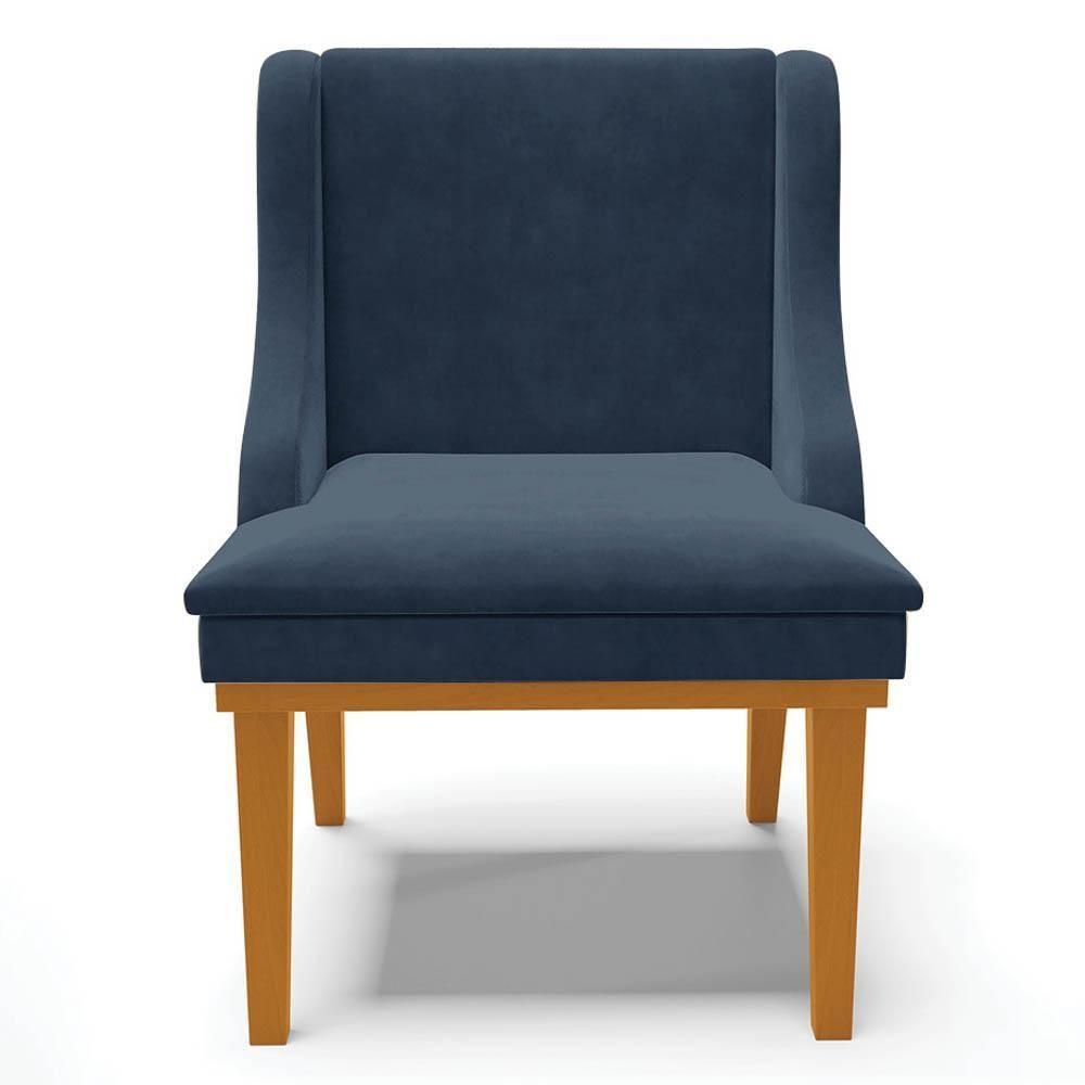 Kit 2 Cadeiras Estofadas Para Sala De Jantar Base Fixa De Madeira Castanho Lia Suede Azul Marinho - Ibiza - 8
