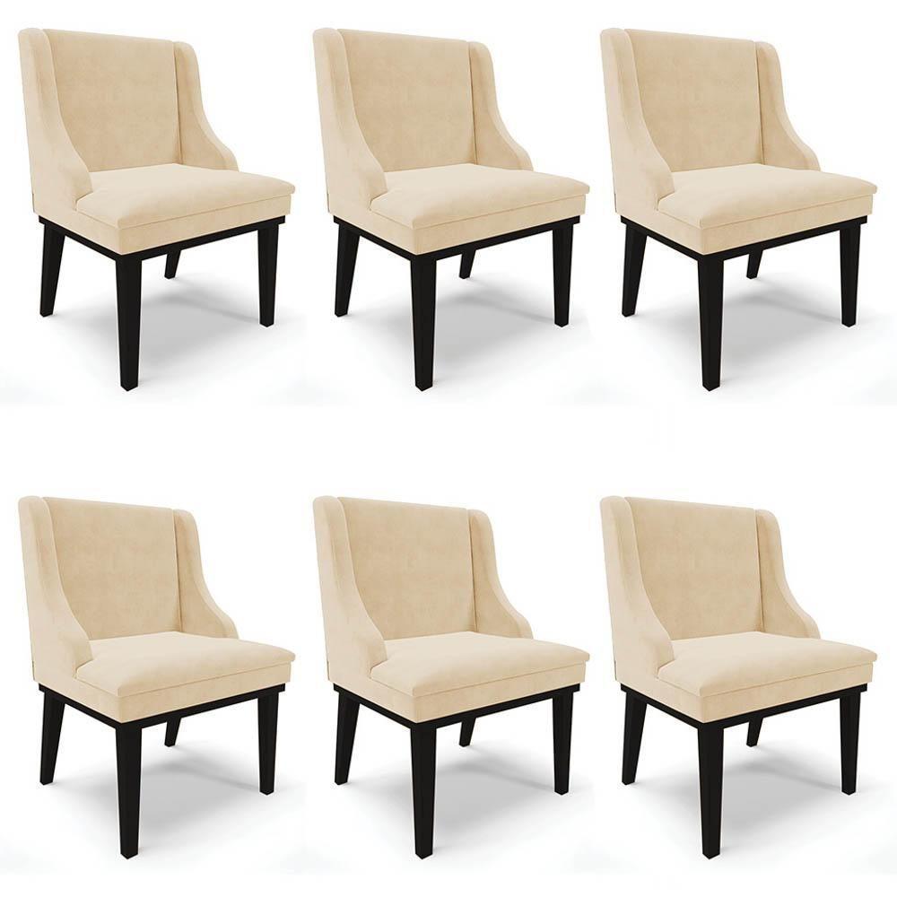 Kit 6 Cadeiras Estofadas Para Sala De Jantar Base Fixa De Madeira Preto Lia Suede Bege - Ibiza - 1
