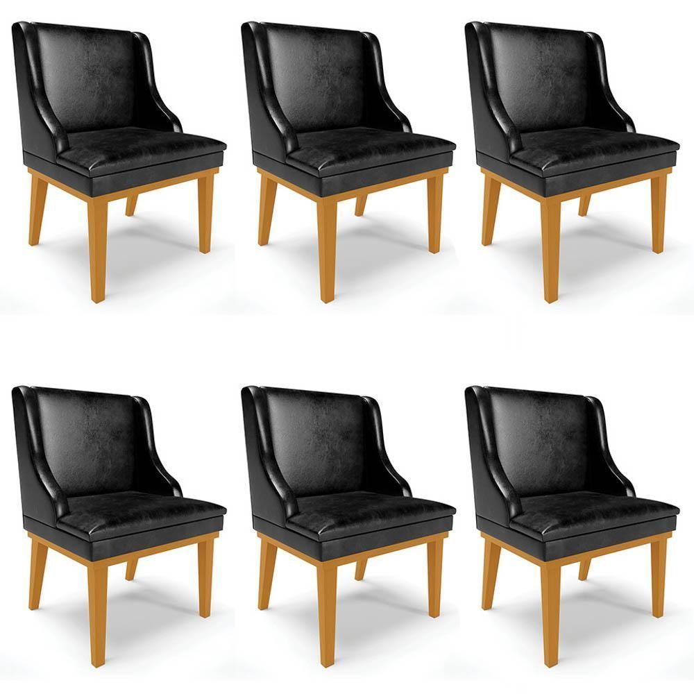 Kit 6 Cadeiras Estofadas Base Fixa De Madeira Castanho Lia Sintético Premium Preto - Ibiza - 1