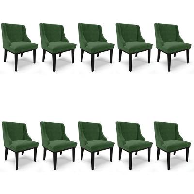 Kit 10 Cadeiras Estofadas Para Sala De Jantar Base Fixa De Madeira Preto Lia Suede Verde - Ibiza