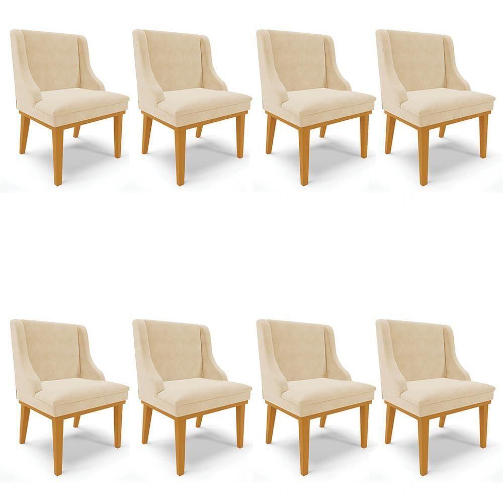 Kit 8 Cadeiras Estofadas Para Sala De Jantar Base Fixa De Madeira Castanho Lia Suede Bege - Ibiza - 1
