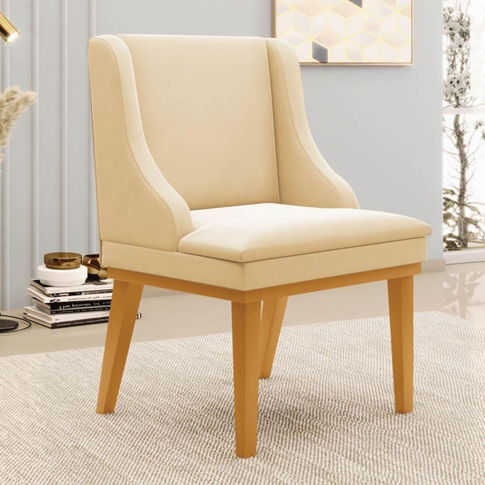 Kit 8 Cadeiras Estofadas Para Sala De Jantar Base Fixa De Madeira Castanho Lia Suede Bege - Ibiza - 2