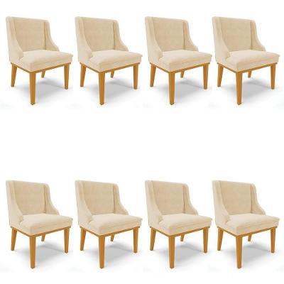 Kit 8 Cadeiras Estofadas Para Sala De Jantar Base Fixa De Madeira Castanho Lia Suede Bege - Ibiza