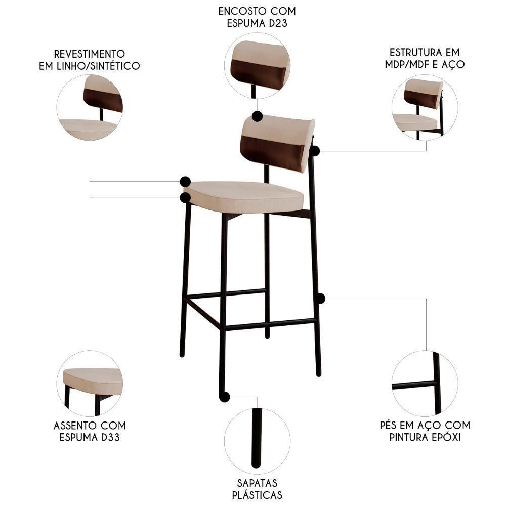 Banqueta Alta Bar Estofada Kit 2 Ella M25 Linho Areia-café - Mpozenato - 3
