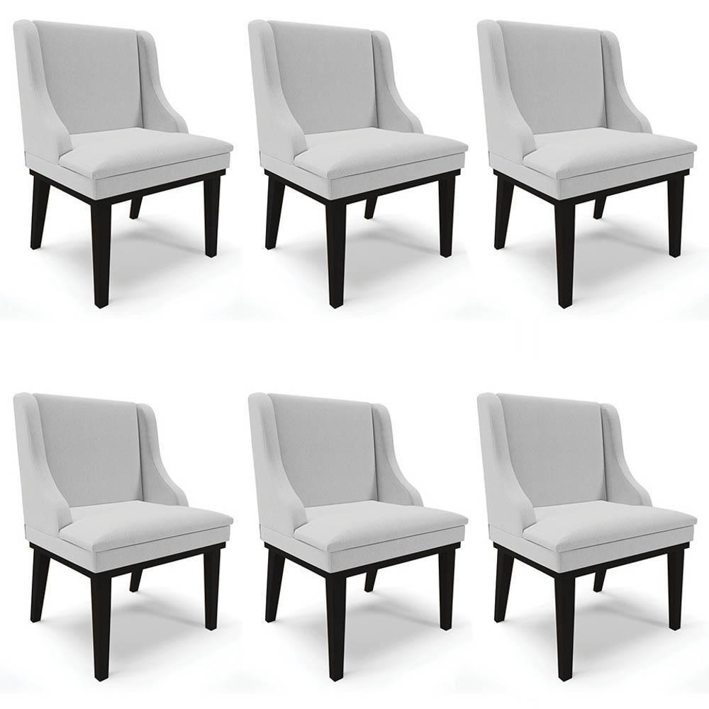 Kit 6 Cadeiras Estofadas Para Sala De Jantar Base Fixa De Madeira Preto Lia Linho Cinza - Ibiza - 1