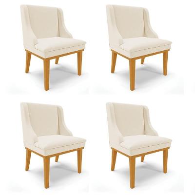 Kit 4 Cadeiras Estofadas Para Sala De Jantar Base Fixa De Madeira Castanho Lia Linho Bege - Ibiza