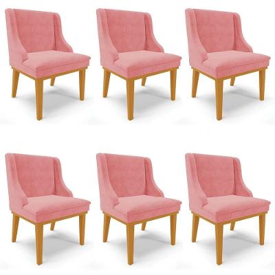 Kit 6 Cadeiras Estofadas Para Sala De Jantar Base Fixa De Madeira Castanho Lia Suede Rosê - Ibiza