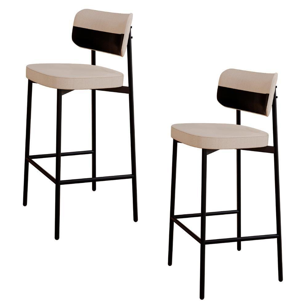 Banqueta Alta Bar Estofada Kit 2 Ella M25 Linho Areia-preto - Mpozenato - 1