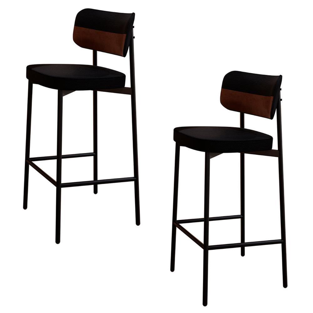 Banqueta Alta Bar Estofada Kit 2 Ella M25 Linho Preto-whisky - Mpozenato - 1