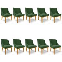 Kit 10 Cadeiras Estofadas Para Sala De Jantar Base Fixa De Madeira Castanho Lia Suede Verde - Ibiza - 1