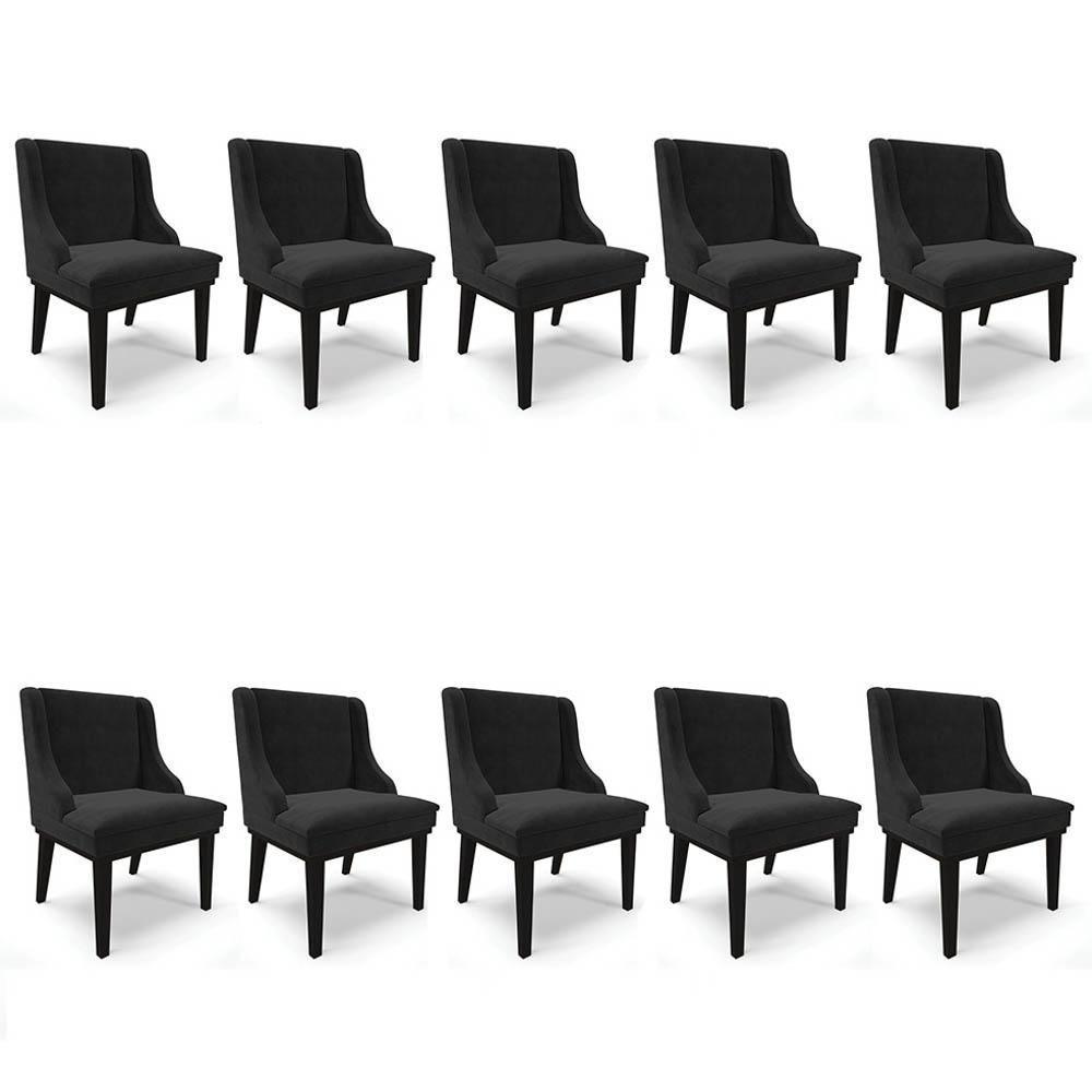 Kit 10 Cadeiras Estofadas Para Sala De Jantar Base Fixa De Madeira Preto Lia Suede Preto - Ibiza - 1