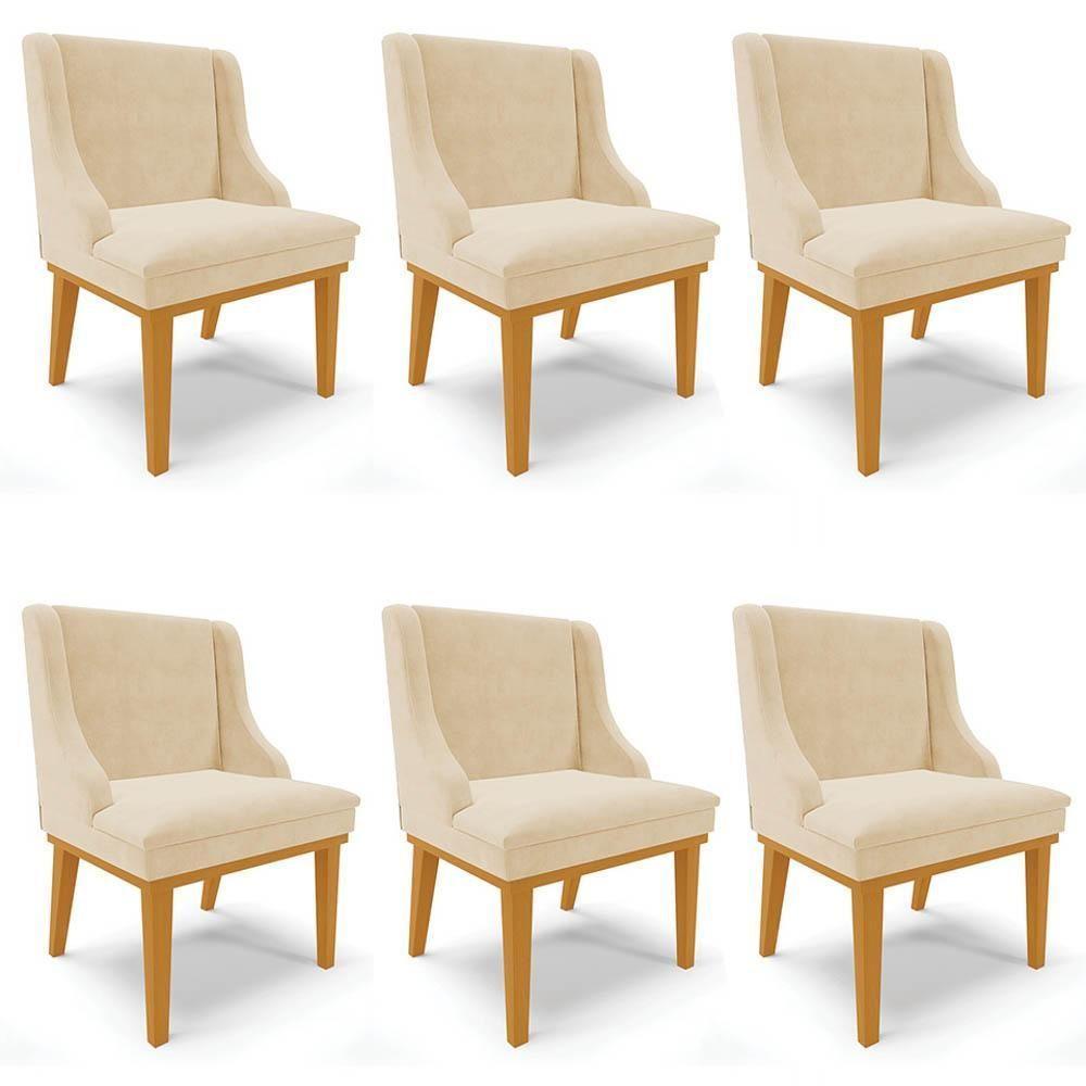 Kit 6 Cadeiras Estofadas Para Sala De Jantar Base Fixa De Madeira Castanho Lia Suede Bege - Ibiza - 1
