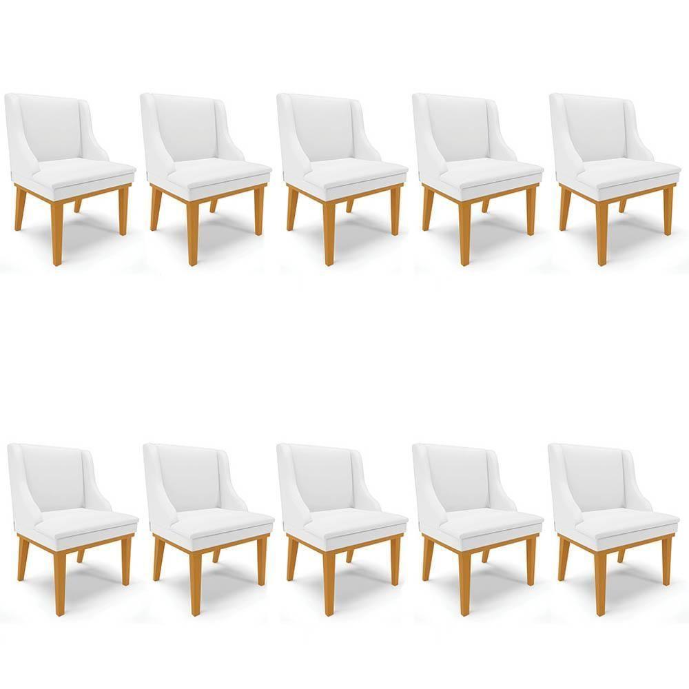 Kit 10 Cadeiras Estofadas Sala De Jantar Base Fixa De Madeira Castanho Lia Sintético Branco - Ibiza - 1