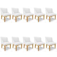 Kit 10 Cadeiras Estofadas Sala De Jantar Base Fixa De Madeira Castanho Lia Sintético Branco - Ibiza - 1