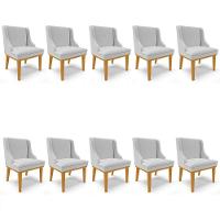 Kit 10 Cadeiras Estofadas Para Sala De Jantar Base Fixa De Madeira Castanho Lia Linho Cinza - Ibiza - 1