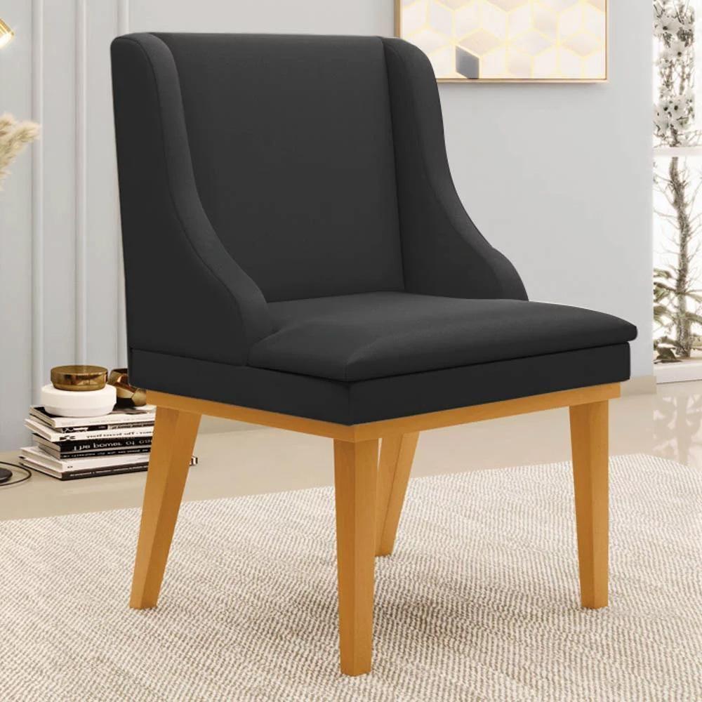 Kit 6 Cadeiras Estofadas Sala De Jantar Base Fixa De Madeira Castanho Lia Sintético Preto - Ibiza - 2