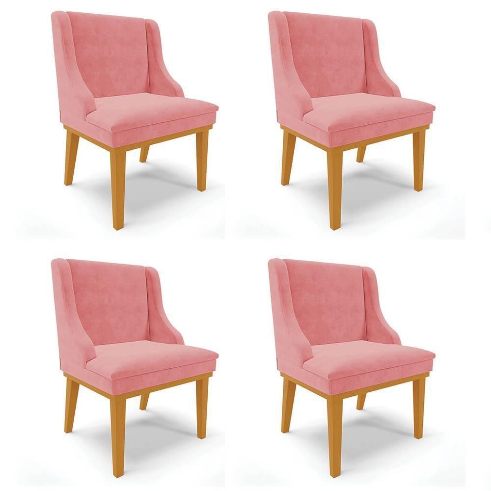 Kit 4 Cadeiras Estofadas Para Sala De Jantar Base Fixa De Madeira Castanho Lia Suede Rosê - Ibiza - 1