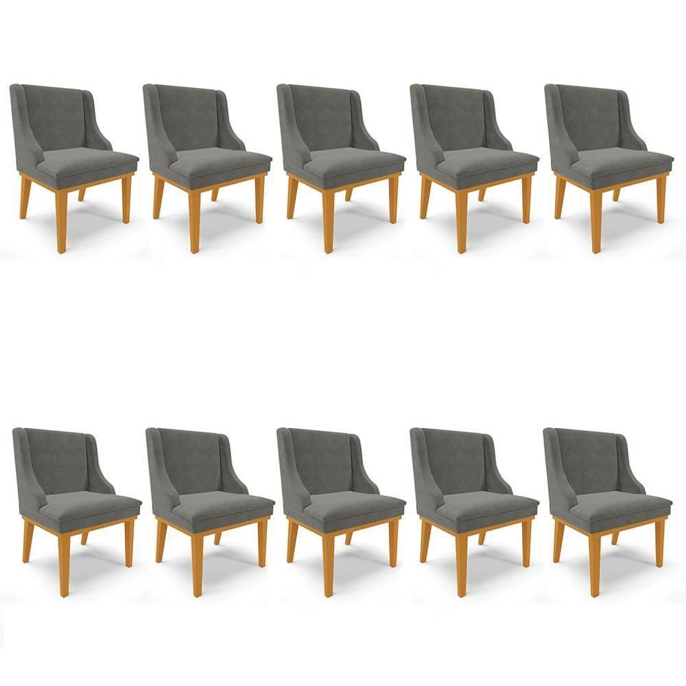Kit 10 Cadeiras Estofadas Para Sala De Jantar Base Fixa De Madeira Castanho Lia Suede Grafite - Ibiza - 1