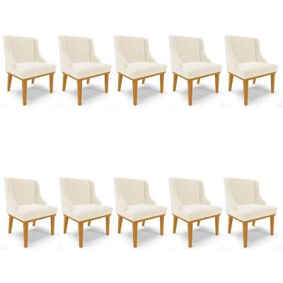 Kit 10 Cadeiras Estofadas Para Sala De Jantar Base Fixa De Madeira Castanho Lia Veludo Bege - Ibiza