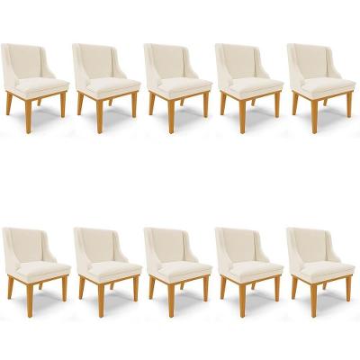Kit 10 Cadeiras Estofadas Para Sala De Jantar Base Fixa De Madeira Castanho Lia Linho Bege - Ibiza