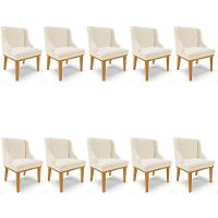 Kit 10 Cadeiras Estofadas Para Sala De Jantar Base Fixa De Madeira Castanho Lia Linho Bege - Ibiza - 1