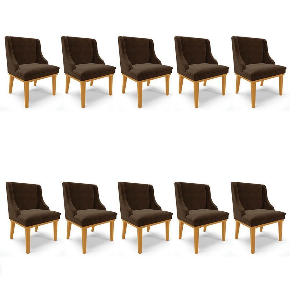 Kit 10 Cadeiras Estofadas Para Sala De Jantar Base Fixa De Madeira Castanho Lia Suede Marrom - Ibiza - 1
